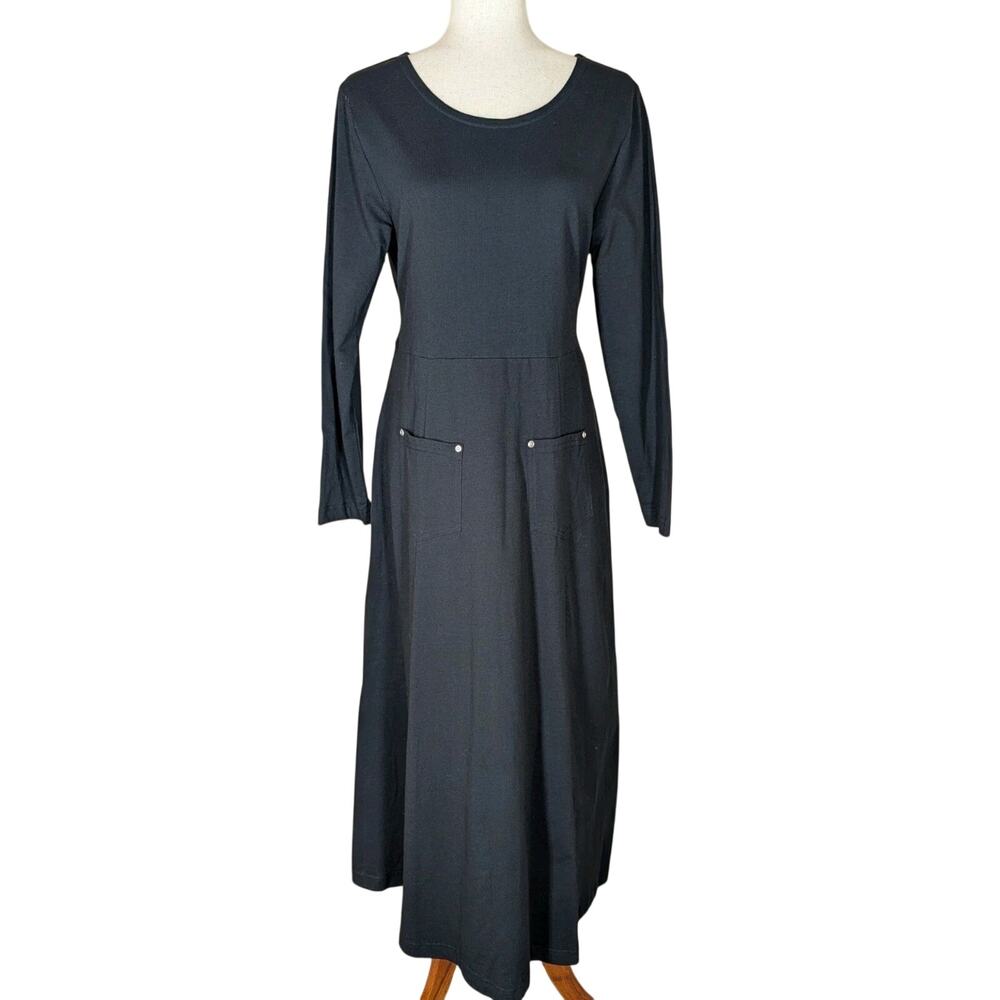 Vintage J. Suzette Black Cotton Maxi Dress Long Sleeve Pockets Lagenlook Size M